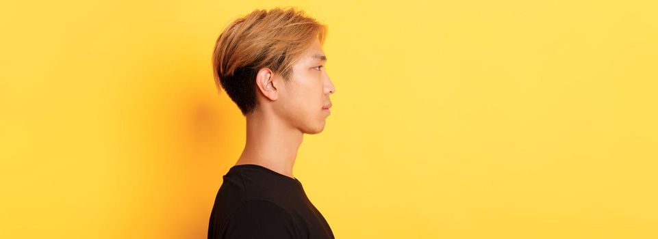 Profile shot of handsome stylish korean guy looking left with serious expression, standing over yellow background.