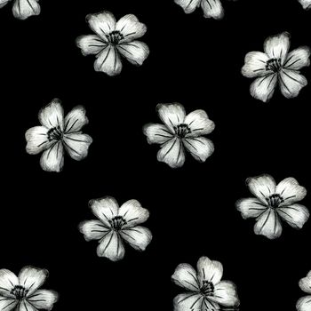 Seamless Pattern with Hand-Drawn Flower. Black Background with Thin-leaved Marigolds for Print, Design, Holiday, Wedding and Birthday Card.