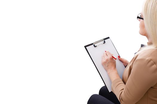 Beautiful young psychotherapist is holding a folder, white background.