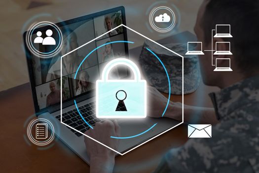 Digital padlock icon, cyber security network and data protection technology on virtual interface screen. Online internet authorized access against cyber attack.and business data privacy concept.