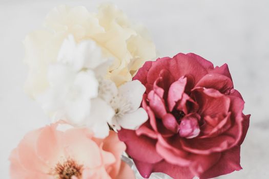 Wedding decor, floral background and beautiful home garden concept - Vintage roses on marble