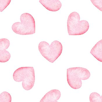 Watercolor pink hearts seamless pattern on white background. Valentines day print