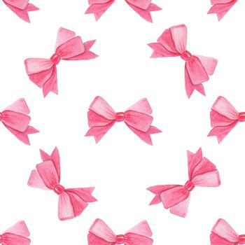 Watercolor pink bow seamless pattern on white background