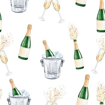 Watercolor champagne glass and bottle seamless pattern on white background