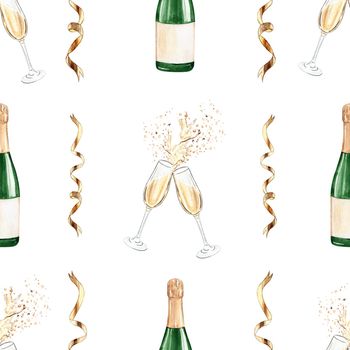 Watercolor champagne glasses and bottles seamless pattern on white background. White wine print for wrapping, wallpaper, menu design, fabric