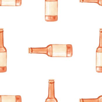 Watercolor brown beer bottles seamless pattern on white background