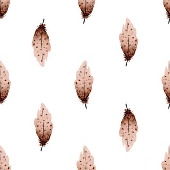 Watercolor brown feathers seamless pattern on white background