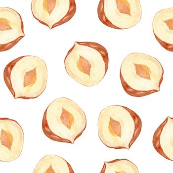 Watercolor half hazel nuts seamless pattern on white background. Filbert print for wrapping, fabric, wallpaper