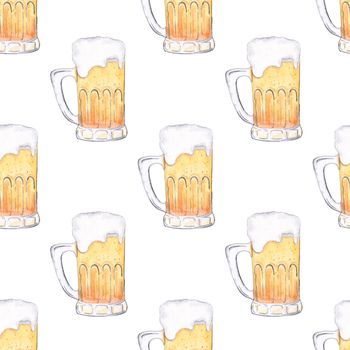 Watercolor beer mug seamless pattern on white background