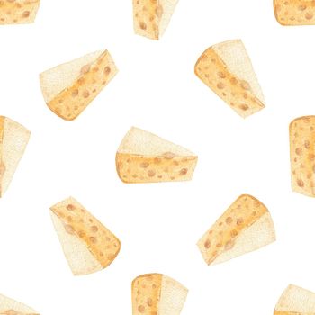 Watercolor yellow cheese pieces seamless pattern on white background. Food print