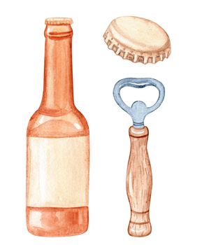 Watercolor brown beer bottle and opener set isolated on white background