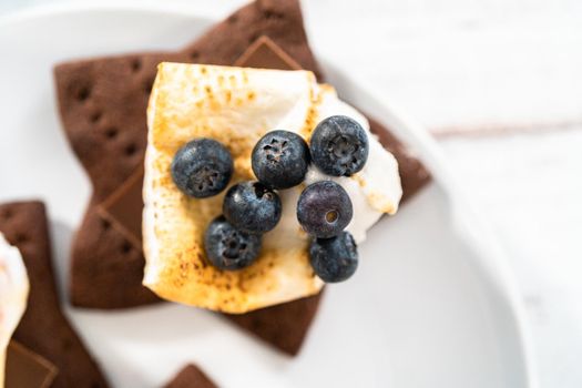 Making s'mores on a homemade star-shaped chocolate graham cracker with toasted marshmallow and fruits.