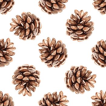 Watercolor pine cones seamless pattern on white background