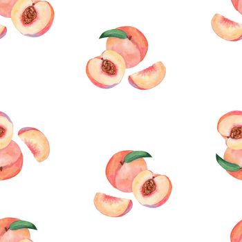 Watercolor peach fruit seamless pattern on white background