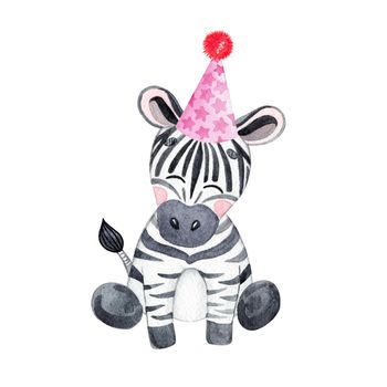 Watercolor zebra in party hat isolated on white background. Hand drawn birthday animal smiling illustration