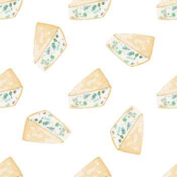 Watercolor blue cheese seamless pattern on white background