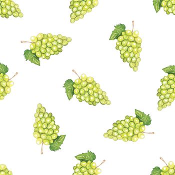 Watercolor green grape seamless pattern on white background