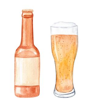 Watercolor beer bottle and glass set isolated on white background. Hand drawn drinks illustration