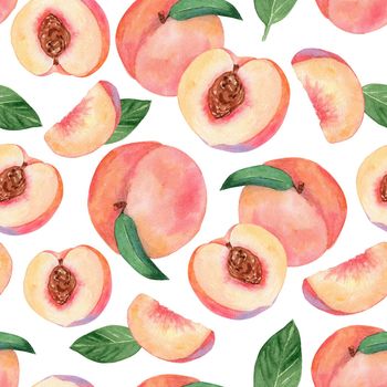 Watercolor peach seamless pattern on white background. Fruit print for wrapping, fabric, wallpaper