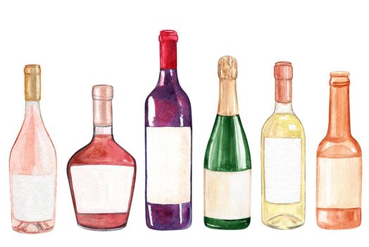 watercolor alcohol bottles set isolated on white background. Wine, beer, whiskey packages hand drawn illustrations with empty labels