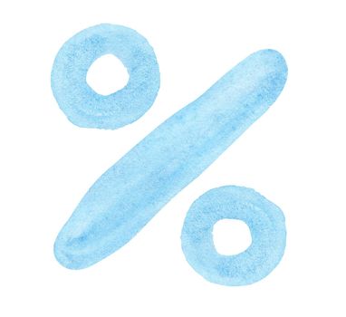 Percent sign isolated on white background. Hand drawn watercolor blue percentage symbol illustration