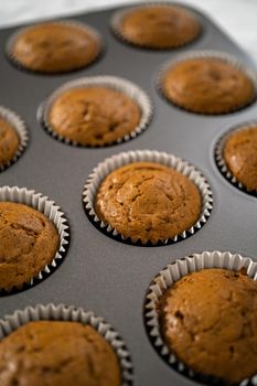 Cooling freshly baked gingerbread cupcakes on a kitchen counter.