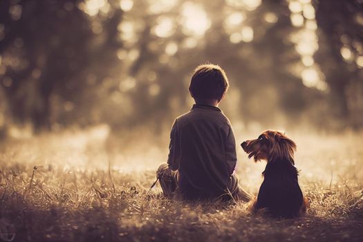 3D Render of Boy and his dog are best friends with beautifully lit bokeh.