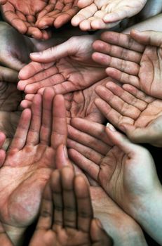 Please support us. a group of hands held cupped out together