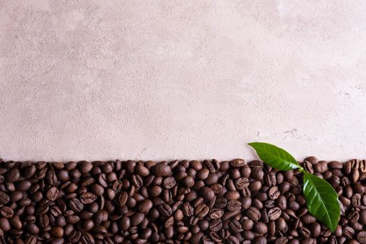 Top view with place for text roasted coffee beans border on a light brown background.