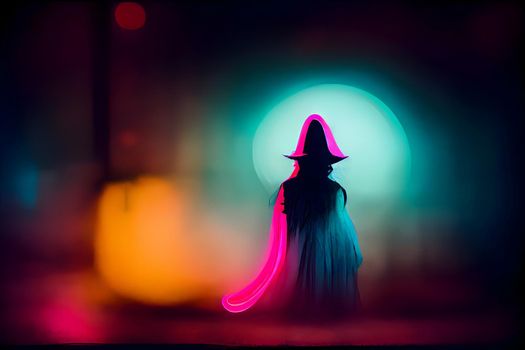 woman silhouette in halloween costume with conical witch hat, neural network generated art. Digitally generated image. Not based on any actual scene or pattern.