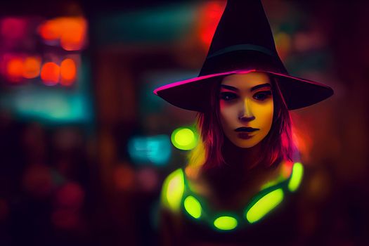 Caucasian woman at night in witch costume and makeup, halloween look, night illuminated street. Neural network generated art. Digitally generated image. Not based on any actual scene or pattern.