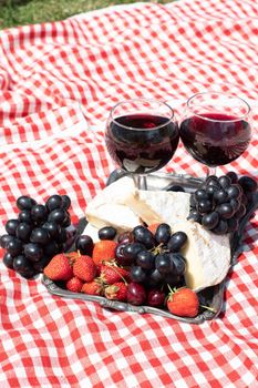 summer picnic on a green lawn with red wine, cheese and fresh berries, grapes, cherries, strawberries, summer vacation. High quality photo