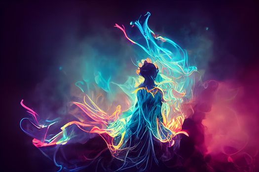 dreamy unrecognizable woman silhouette with colorful neon fumes, neural network generated art. Digitally generated image. Not based on any actual scene or pattern.