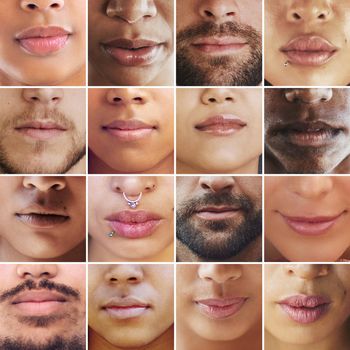 Thats a lotta lips. Composite image of an assortment of peoples mouths