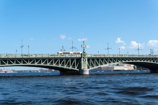 RUSSIA, PETERSBURG - AUG 20, 2022: petersburg river neva russia bridge saint city urban palace, concept summer night from peter and travel petersburg, town sight. Bright scene photo,