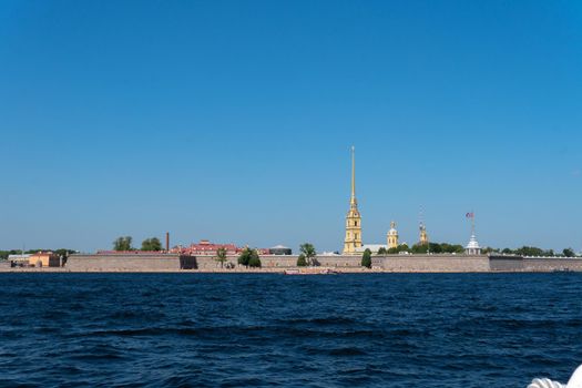 RUSSIA, PETERSBURG - AUG 20, 2022: Pauls blue view russian summer isaac frigate street russia, concept cityscape city for paul from history europe, famous culture. Panorama st,