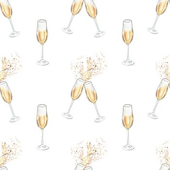 Watercolor champagne glasses seamless pattern on white background. White wine print for wrapping, wallpaper, menu design, fabric