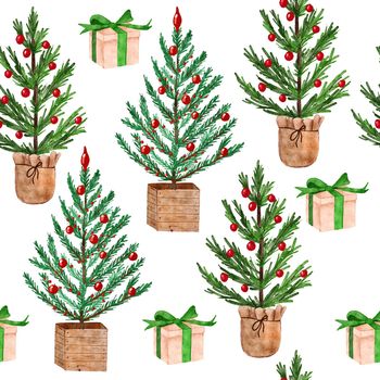 Hand drawn watercolor seamless pattern with Christmas trees. New year holiday december greeting decor, nordic scandinavian traditional wrapping paper print, green pine conifer spruce forest