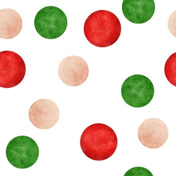 Watercolor hand drawn seamless pattern with red green beige polka dot round circles. Abstract geometric fabric print. Christmas winter festive background element