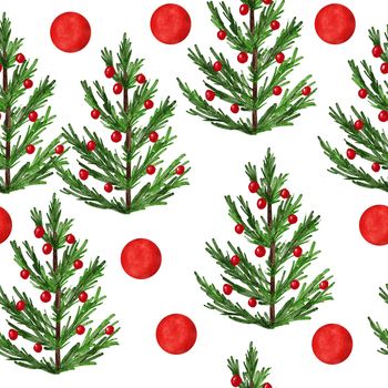 Hand drawn watercolor seamless pattern with Christmas trees. New year holiday december greeting decor, nordic scandinavian traditional wrapping paper print, green pine conifer spruce forest