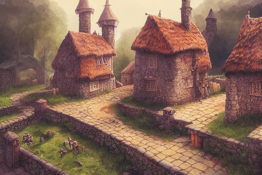 3D render of fantasy medieval village with a lot of buildings. Digital illustration design for game art background, storybook, wallpaper