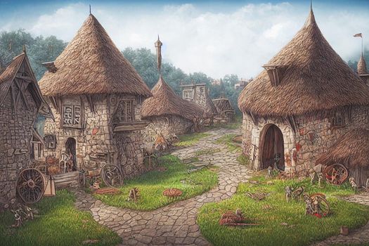 3D render of fantasy medieval village with a lot of buildings. Digital illustration design for game art background, storybook, wallpaper