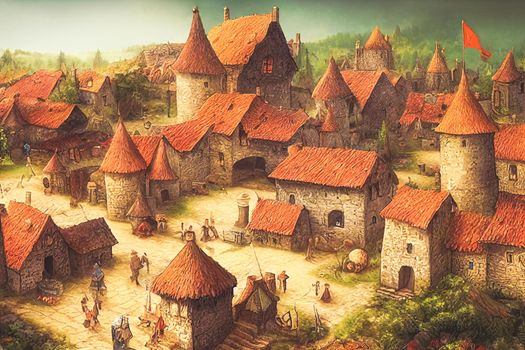 3D render of fantasy medieval village with a lot of buildings. Digital illustration design for game art background, storybook, wallpaper