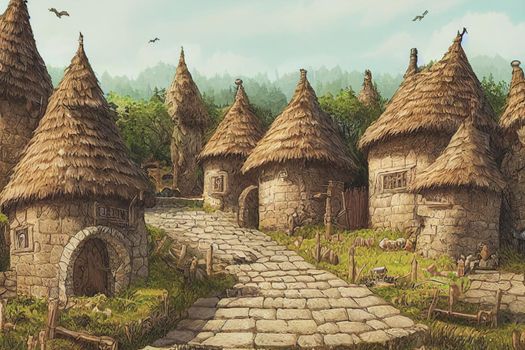 3D render of fantasy medieval village with a lot of buildings. Digital illustration design for game art background, storybook, wallpaper