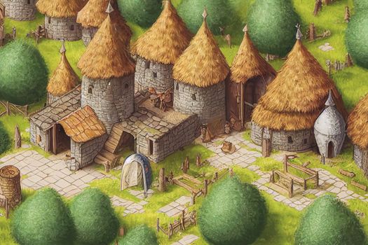 3D render of fantasy medieval village with a lot of buildings. Digital illustration design for game art background, storybook, wallpaper