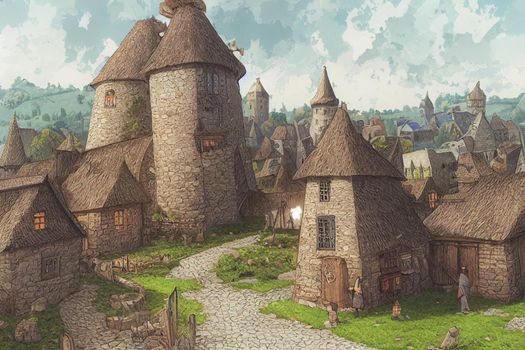 3D render of fantasy medieval village with a lot of buildings. Digital illustration design for game art background, storybook, wallpaper