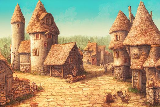 3D render of fantasy medieval village with a lot of buildings. Digital illustration design for game art background, storybook, wallpaper