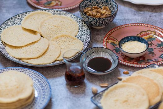 Beautiful traditional Moorish porcelain ceramic plates. illustrated middle eastern design. Marrakech Morocco. High quality photo