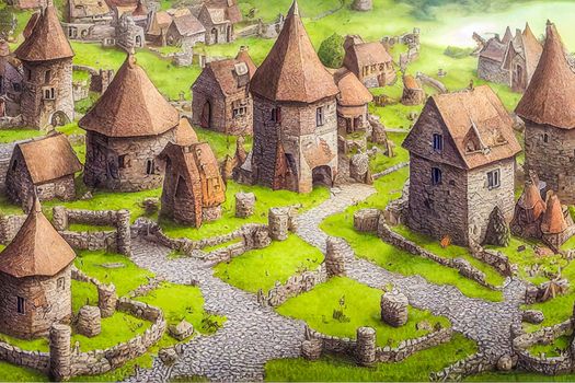 3D render of fantasy medieval village with a lot of buildings. Digital illustration design for game art background, storybook, wallpaper