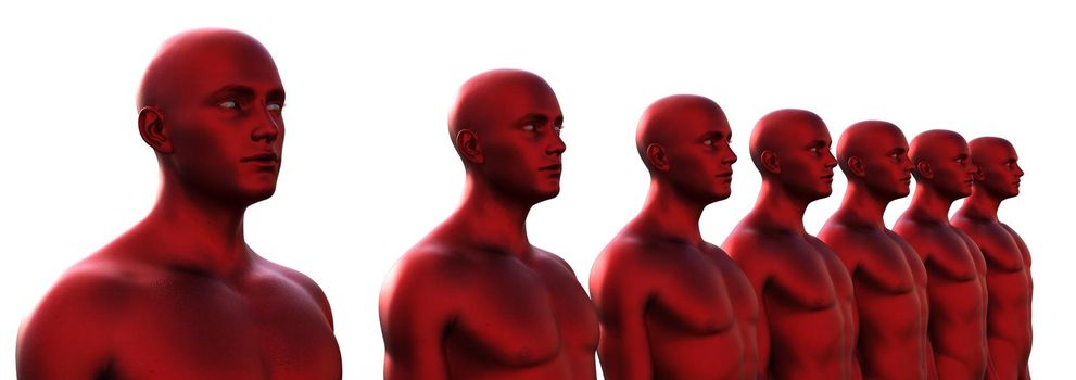 3d render. Row of red metallic bald male heads on white background